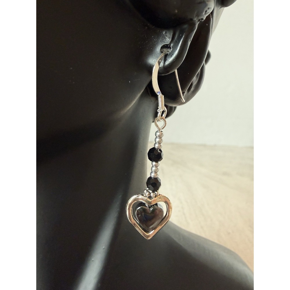 Vintage Black Heart Dangle Earrings Silver Romantic Gothic Style 925 Metal Hooks